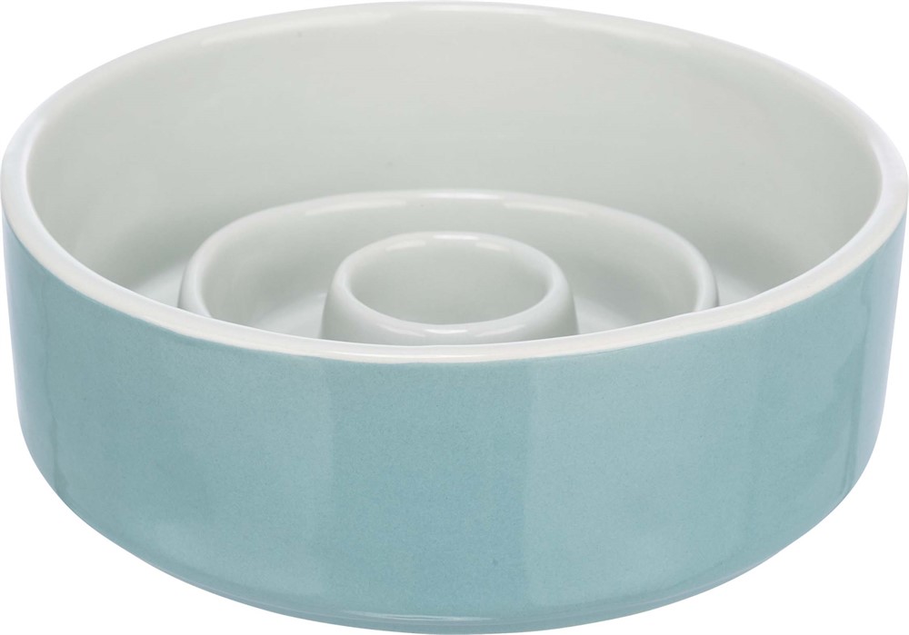 Slow Feeding Voer/waterbak, keramiek, 0,45 l/ø 14 cm, grijs/blauw