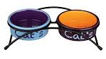 [BR_184049] Keramische Voer/Waterbak-Set Eat on Feet, 2 × 0,3 l/ø12 cm, lichtblauw/oranje/pa