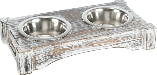 [BR_200152] RVS Voer/Waterbak-Set, hout, 2 × 0,45 l/ø 12 cm/36 × 7 × 19 cm, wit