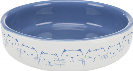 [24770] Keramische Voer/Waterbak, kat, v. rassen met platt, 0,3 l/ø 15 cm, lichtblauw/wi