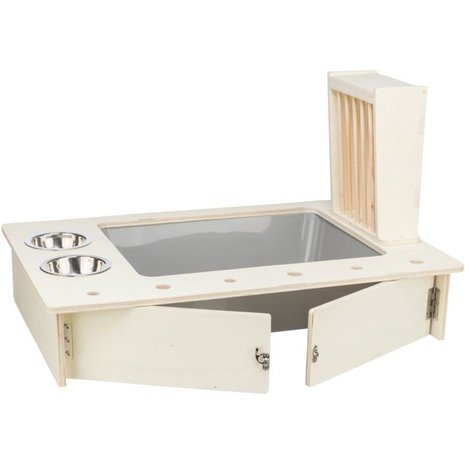 [BR_216520] Voederstation met voer/waterbakken/hooiruif, hout, 70 × 41 × 47 cm