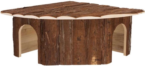 [62044] Hoekhuis Jesper, 2 uitgangen, konijnen, schorshout, 52 × 18 × 37/37 cm